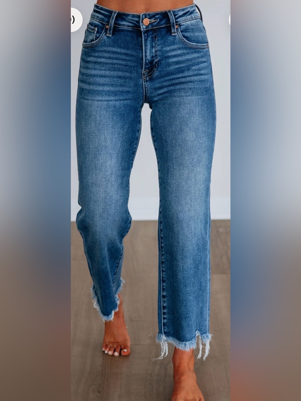 High-Rise Straight-Leg Jeans in Medium Blue with Frayed Hem
